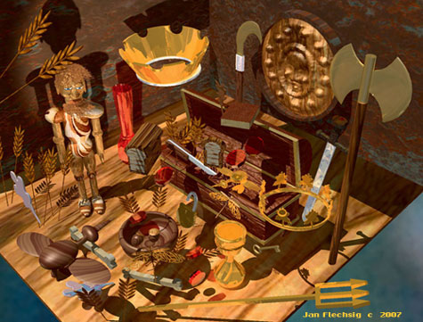 Tabletop covered with mementos,wooden trunk, bird,bowl,gold crown,battle axe,sheild on wall, weapons,chalice