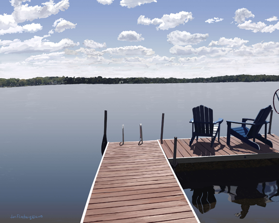 Dock with easy chairs on peaceful Marble Lake sunny day bright clouds trees along the far shore