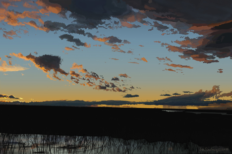 Rain clouds break  up at sunset, rain in distance, water below