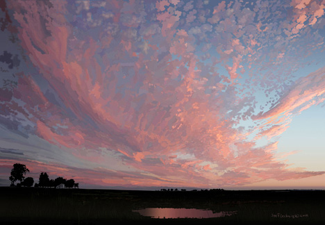 Blazing crimson clouds look like herds of dragons racing across the sky, dark earth below